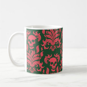 Skull Flame Damask in botsend roze op donkergroen Koffiemok