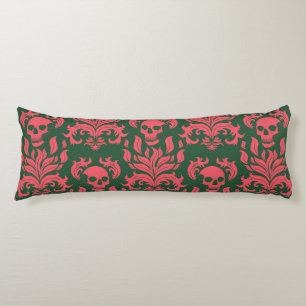 Skull Flame Damask in botsend roze op donkergroen Lichaamskussen
