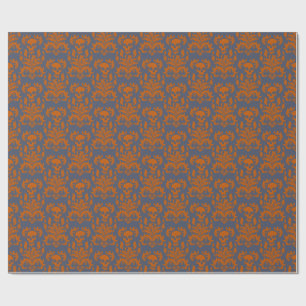 Skull Flame Damask in botsend sinaasappel op blauw Cadeaupapier