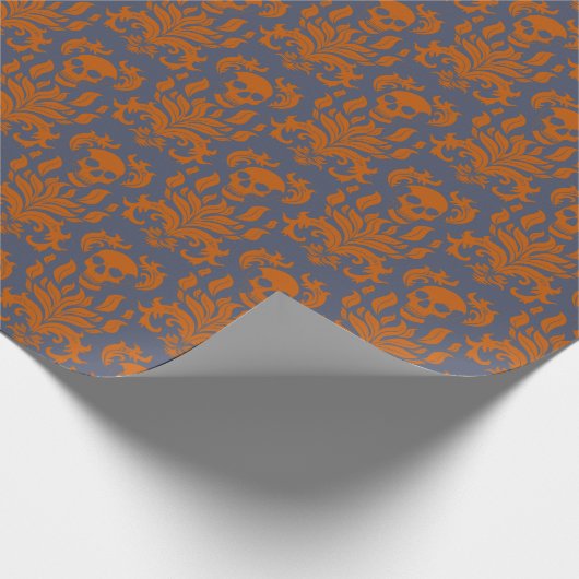Skull Flame Damask in botsend sinaasappel op blauw Cadeaupapier (Hoek)