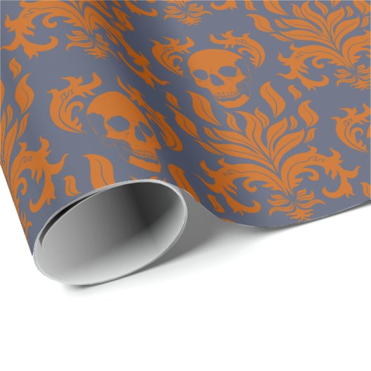 Skull Flame Damask in botsend sinaasappel op blauw Cadeaupapier (Rol Hoek)