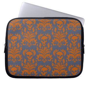 Skull Flame Damask in botsend sinaasappel op blauw Laptop Sleeve