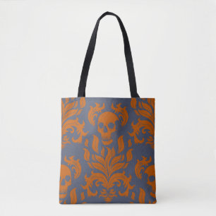 Skull Flame Damask in botsend sinaasappel op blauw Tote Bag