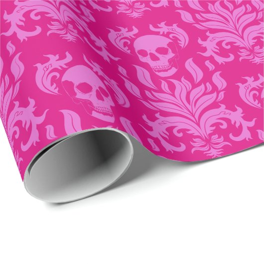 Skull Flame Damask in bubblegum roze op hot pink Cadeaupapier (Rol Hoek)