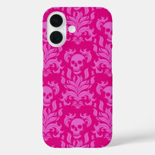 Skull Flame Damask in bubblegum roze op hot pink iPhone 16 Hoesje