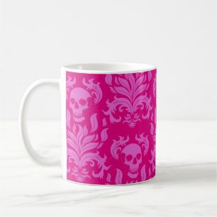 Skull Flame Damask in bubblegum roze op hot pink Koffiemok