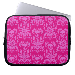 Skull Flame Damask in bubblegum roze op hot pink Laptop Sleeve