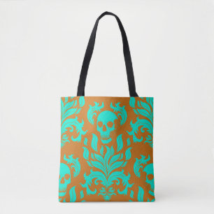 Skull Flame Damask in giftig groen op sinaasappel Tote Bag