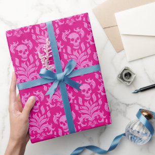Skull Flame Damask in glitter-effect roze op roze Cadeaupapier
