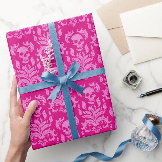 Skull Flame Damask in glitter-effect roze op roze Cadeaupapier (Geschenken)