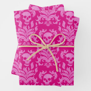 Skull Flame Damask in glitter-effect roze op roze Inpakpapier Vel