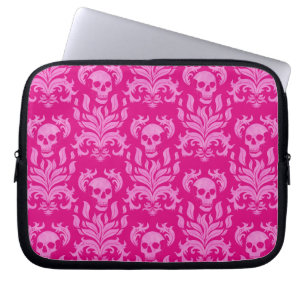 Skull Flame Damask in glitter-effect roze op roze Laptop Sleeve