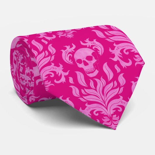 Skull Flame Damask in glitter-effect roze op roze Stropdas (Opgerold)