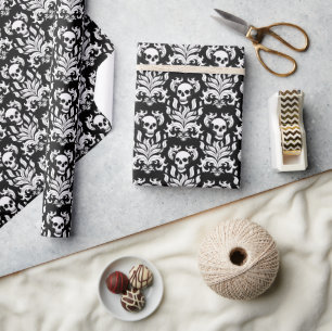Skull Flame Damask in grimmig wit op zwart Cadeaupapier