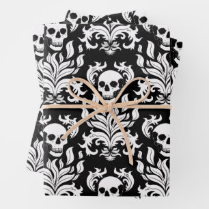 Skull Flame Damask in grimmig wit op zwart Inpakpapier Vel