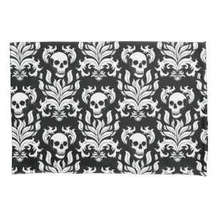 Skull Flame Damask in grimmig wit op zwart Kussensloop
