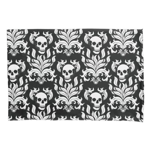 Skull Flame Damask in grimmig wit op zwart Kussensloop (Voorkant-Links)
