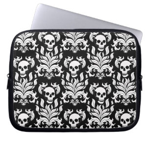 Skull Flame Damask in grimmig wit op zwart Laptop Sleeve