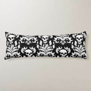 Skull Flame Damask in grimmig wit op zwart Lichaamskussen