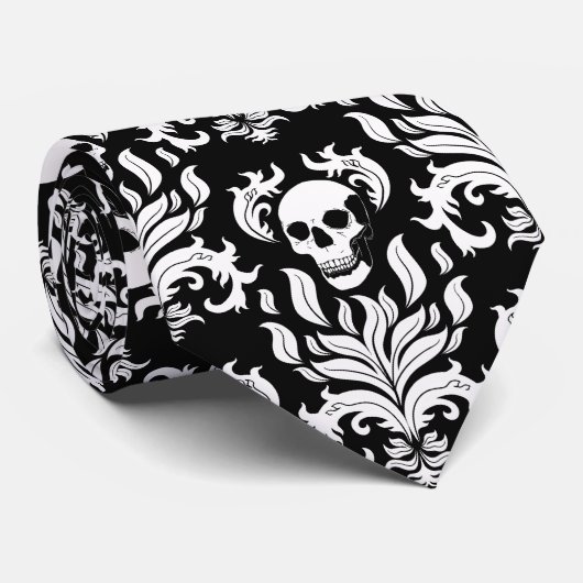 Skull Flame Damask in grimmig wit op zwart Stropdas (Opgerold)