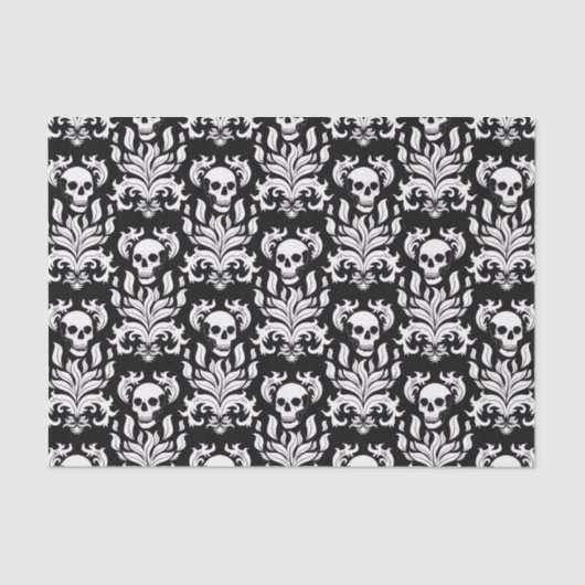 Skull Flame Damask in grimmig wit op zwart Tissuepapier (Voorkant)