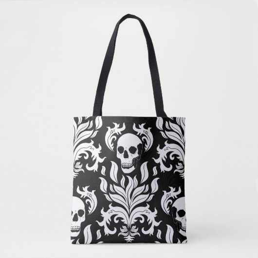 Skull Flame Damask in grimmig wit op zwart Tote Bag (Voorkant)