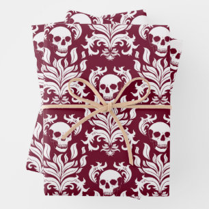 Skull Flame Damask in helder wit op diep rood Inpakpapier Vel