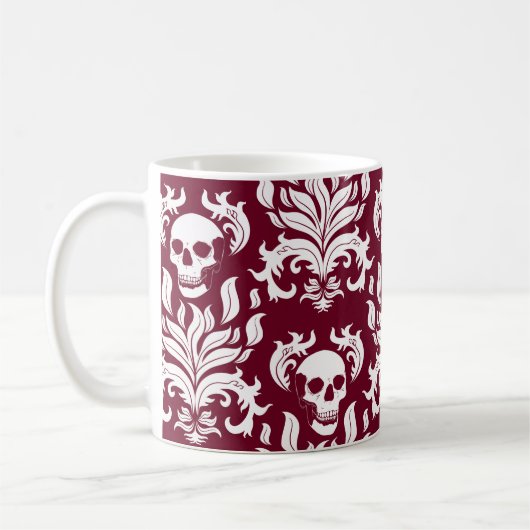 Skull Flame Damask in helder wit op diep rood Koffiemok (Links)