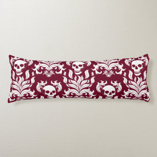 Skull Flame Damask in helder wit op diep rood Lichaamskussen