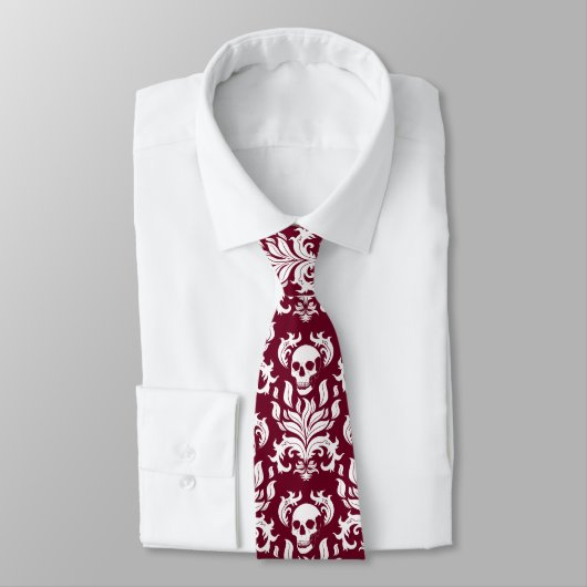 Skull Flame Damask in helder wit op diep rood Stropdas (Gebonden)