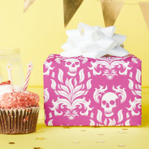 Skull Flame Damask in helder wit op heet roze Cadeaupapier