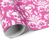 Skull Flame Damask in helder wit op heet roze Cadeaupapier (Rol Hoek)