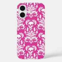 Skull Flame Damask in helder wit op heet roze