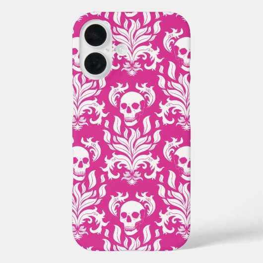 Skull Flame Damask in helder wit op heet roze Case-Mate iPhone Case (Achterkant)