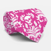 Skull Flame Damask in helder wit op heet roze Stropdas (Opgerold)