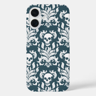 Skull Flame Damask in helder wit op leisteen blauw iPhone 16 Hoesje
