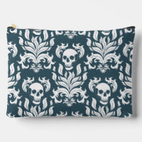 Skull Flame Damask in helder wit op leisteen blauw