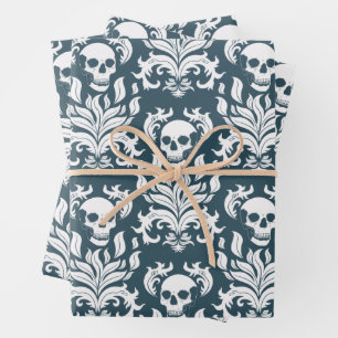 Skull Flame Damask in helder wit op leisteen blauw Inpakpapier Vel