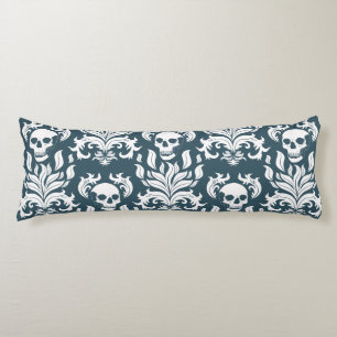 Skull Flame Damask in helder wit op leisteen blauw Lichaamskussen