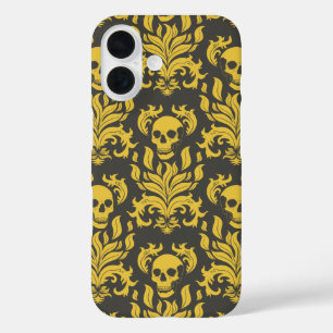 Skull Flame Damask in humeurig geel op donkergrijs iPhone 16 Hoesje