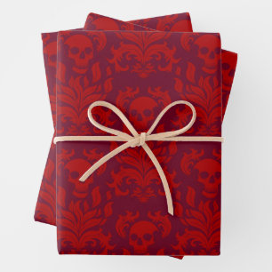 Skull Flame Damask in humeurig rood op rood Inpakpapier Vel