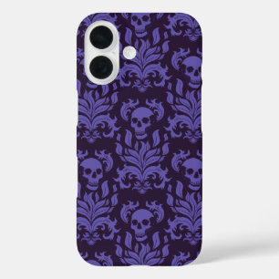 Skull Flame Damask in humeurige tinten van paarse iPhone 16 Hoesje