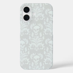Skull Flame Damask in klassiek wit op wit iPhone 16 Hoesje