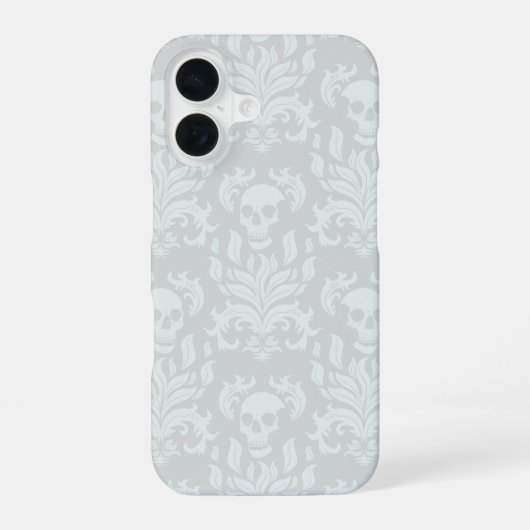 Skull Flame Damask in klassiek wit op wit iPhone 16 Hoesje (Achterkant)