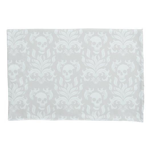 Skull Flame Damask in klassiek wit op wit Kussensloop (Voorkant-Links)