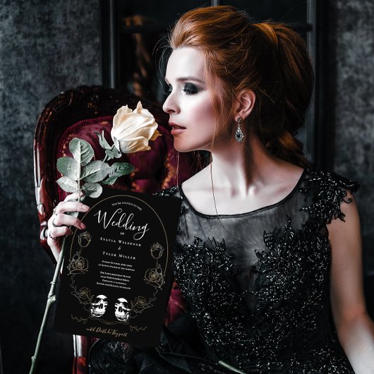 Skull Floral Black Gothic Wedding Kaart