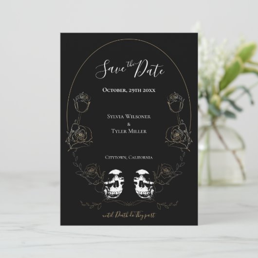 Skull Floral Black Gothic Wedding Save The Date (Staand voorkant)