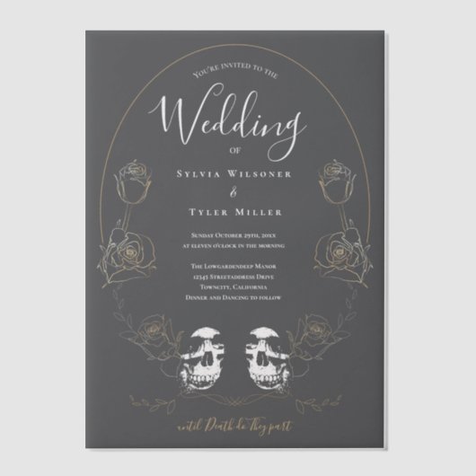 Skull Floral Black Gothic Wedding Vellum Uitnodigingen (Voorkant)