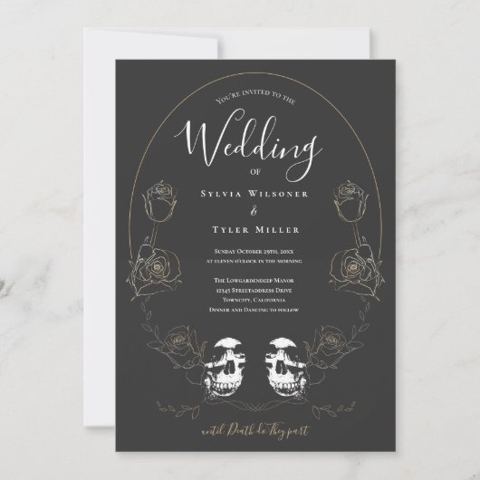 Skull Floral Gray Gothic Wedding Kaart (Voorkant)