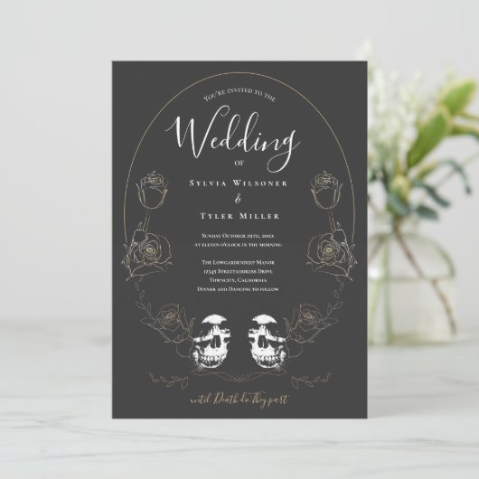 Skull Floral Gray Gothic Wedding Kaart (Staand voorkant)